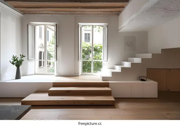 Modern Minimalist Apartment Interior Design with Wooden Stairs and Large Windows