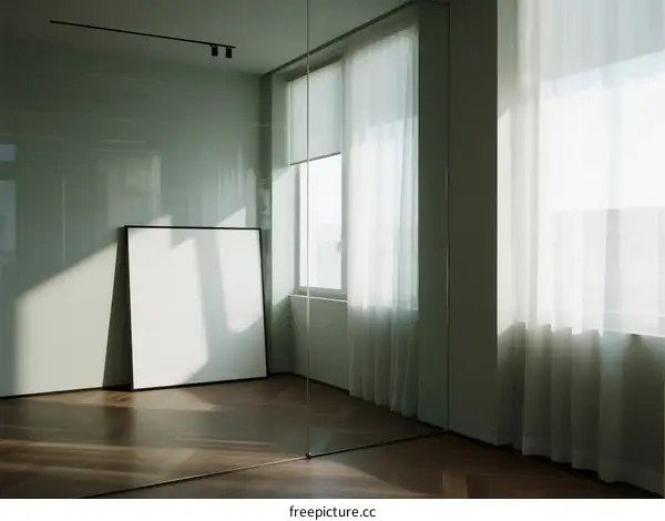 Empty room with white canvas and large windows letting in natural light