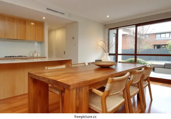 Modern Wooden Dining Area with Large Windows