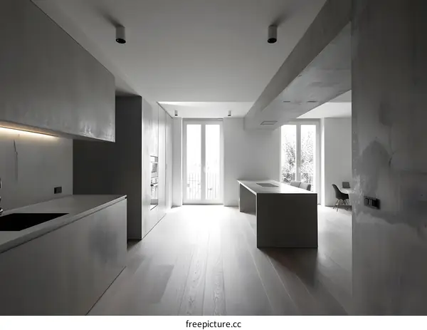 Modern Kitchen Interior Design with Grey Concrete Walls and Wooden Floor