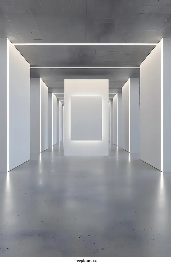Minimalist White Gallery Interior Design with Concrete Floor and Bright Lighting