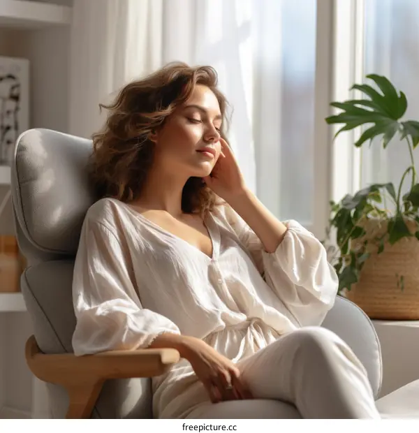 Beautiful Woman Relaxing in Sunlight at Home