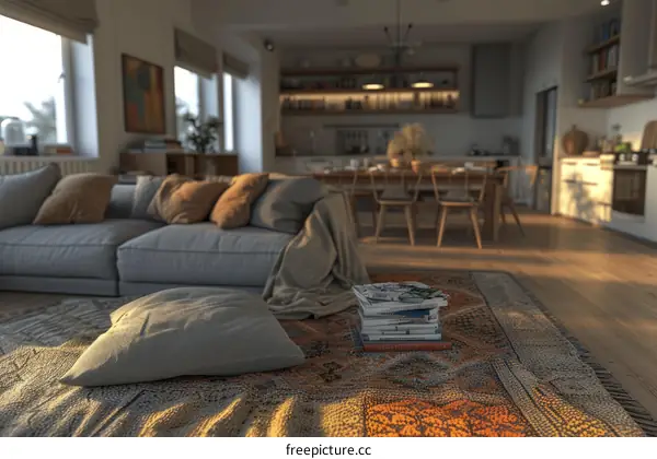 Stylish Scandinavian Gray Living Room with Colorful Rug