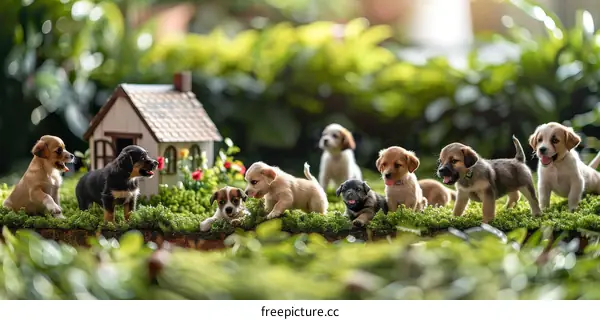 A group of puppies playing in the garden
