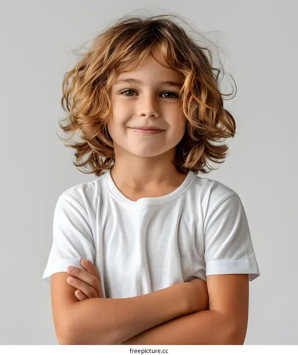 Smiling Boy with Curly Hair Wearing White T Shirt Portrait