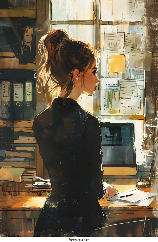 Illustration of a businesswoman working in an office