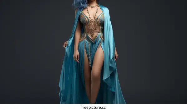 An illustration of a woman wearing a blue dress with gold accents.