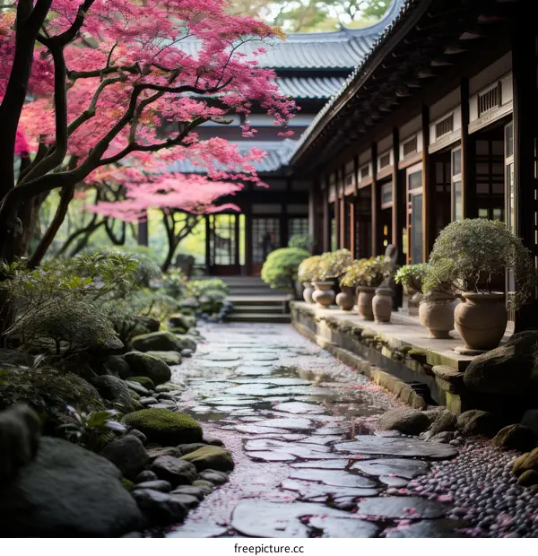 Japanese Stone Garden Path with Pink Cherry Blossom Trees