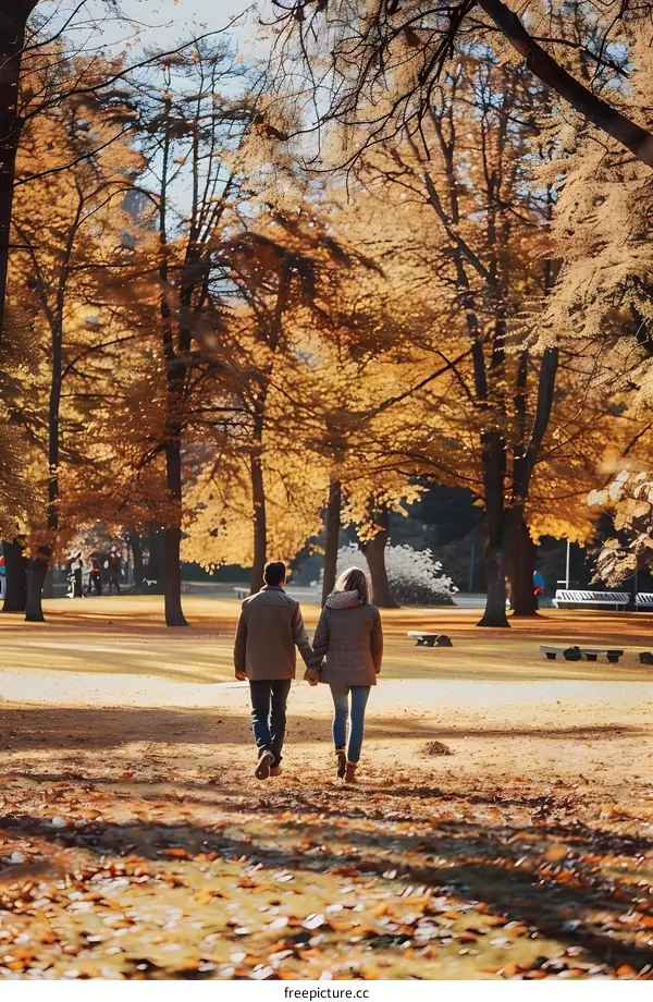 Couple Walking Through Autumn Park Holding Hands