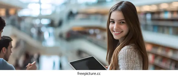 Smiling Girl Holding Tablet Computer In Library