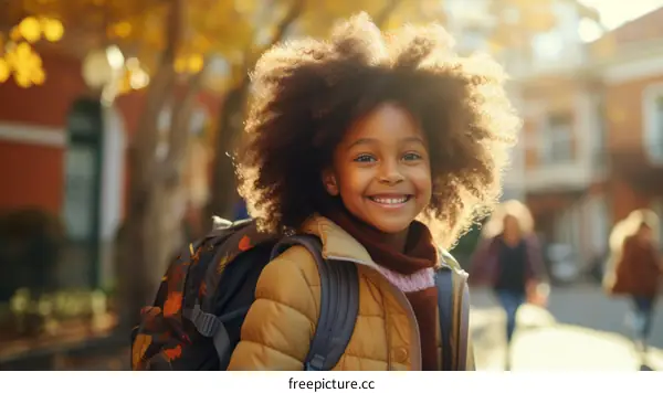 Portrait of a smiling young girl with afro hair wearing a yellow jacket and a backpack