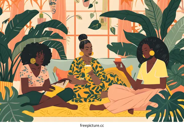 Three Black Women Relaxing in a Room Full of Plants