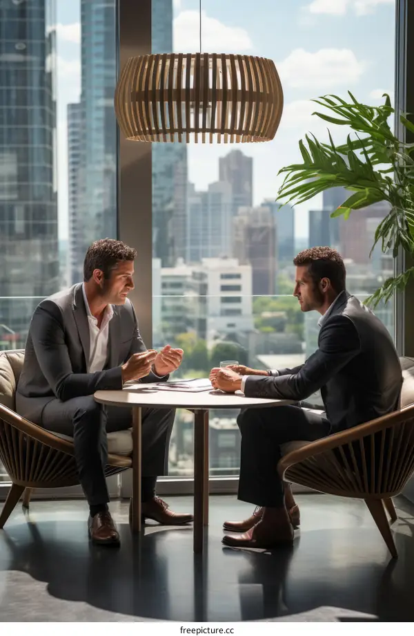 Two businessmen in suits are sitting in chairs in an office space talking