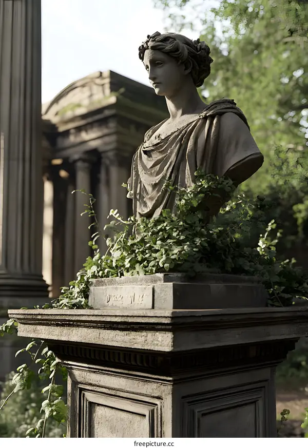 Stone Bust of a Woman in a Graveyard