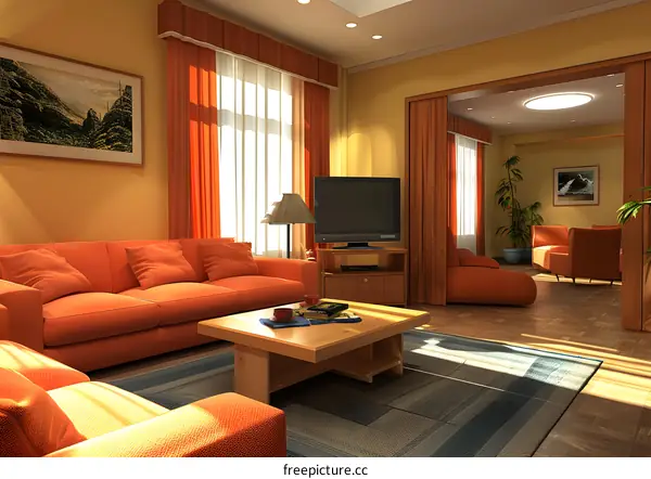 Modern Living Room Interior Design with Orange Sofa and Wooden Coffee Table