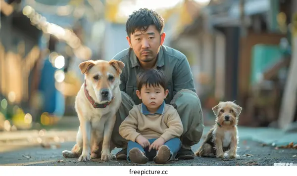 A man and a boy with two dogs