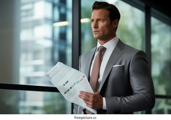 A businessman in a gray suit and red tie examines a newspaper