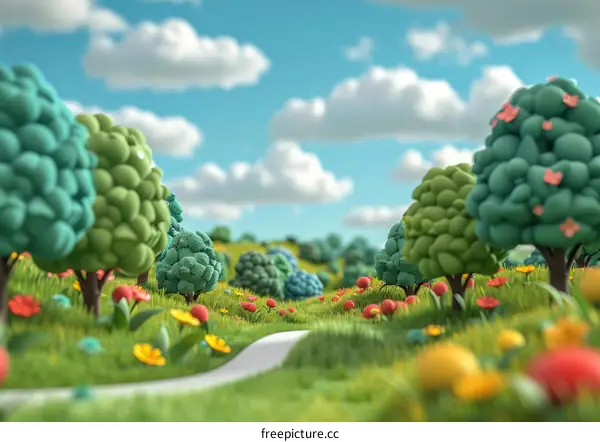 Cartoon illustration of a colorful meadow with a path leading through it