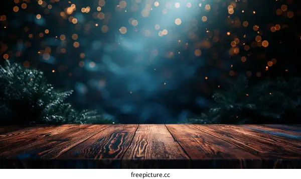 Christmas Lights on Blue Wooden Table Background