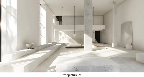 Modern Minimalist Interior Design With Concrete Walls And White Flooring