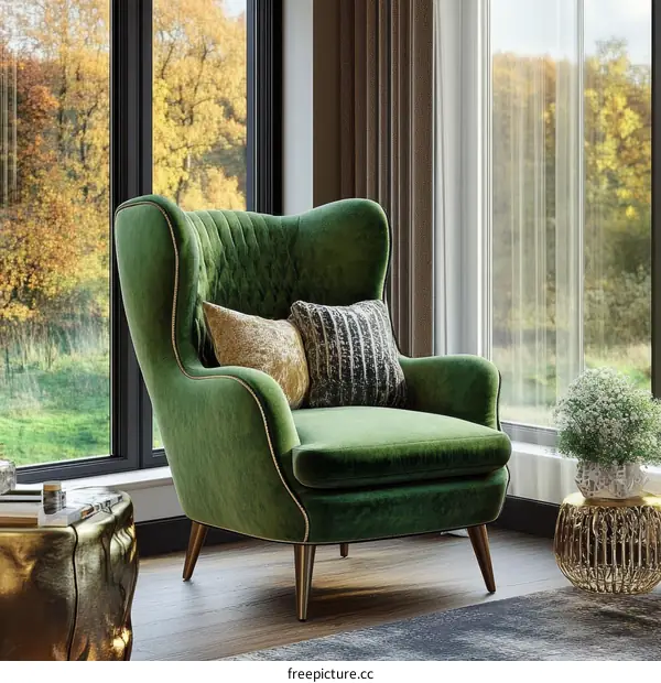 Modern Green Velvet Armchair by the Window