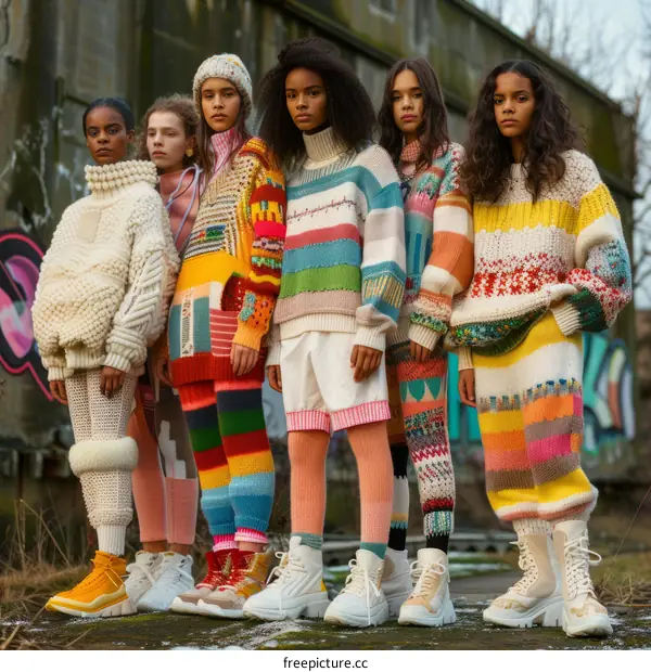 a group of black female models wearing colorful hand-knitted sweaters