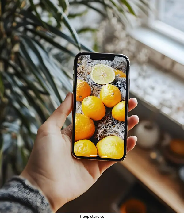 Hand Holding Phone With Lemon Photo