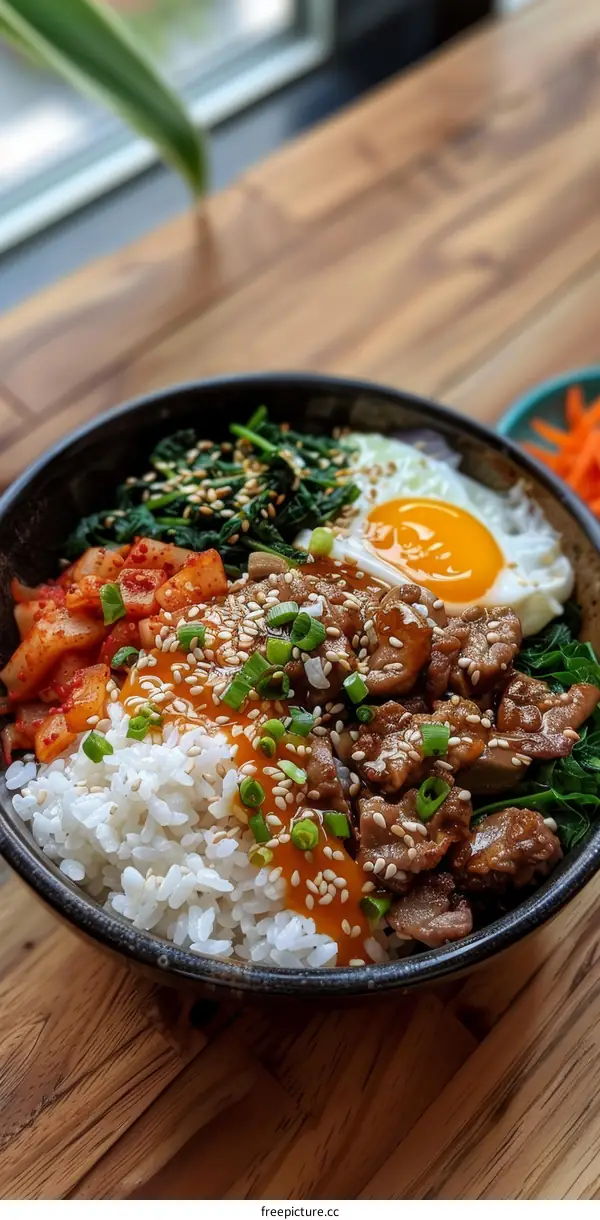 Korean food dolsot bibimbap with rice, pork, egg and vegetables