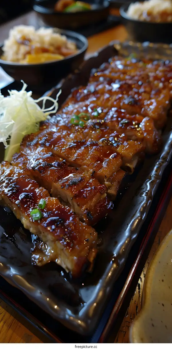 Close Up of Grilled Meat with Sauce and Green Onions on a Black Plate