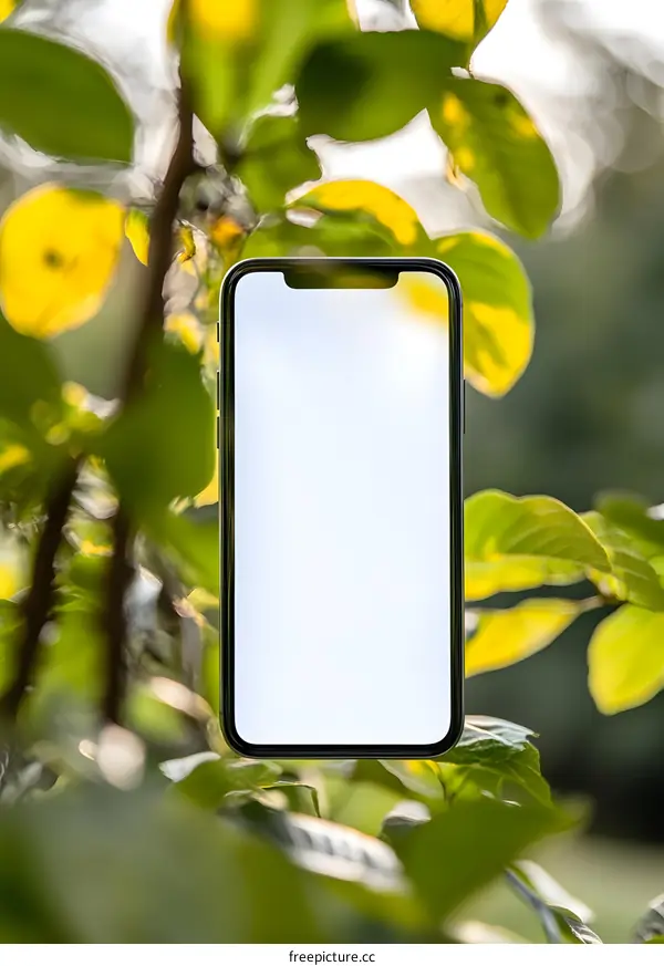 Blank Mobile Phone Screen Mockup  Against Green Leaves