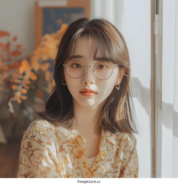 Portrait of a Young Woman with Glasses and Floral Shirt