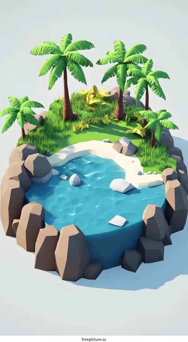 Low Poly Tropical Island with Palm Trees and Lagoon