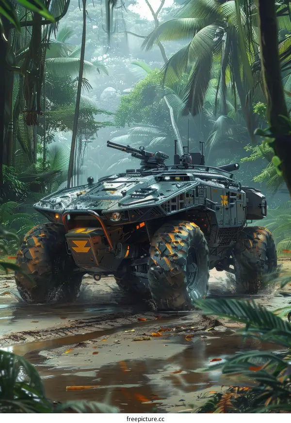 Futuristic Armored Vehicle Traverses Lush Jungle Terrain