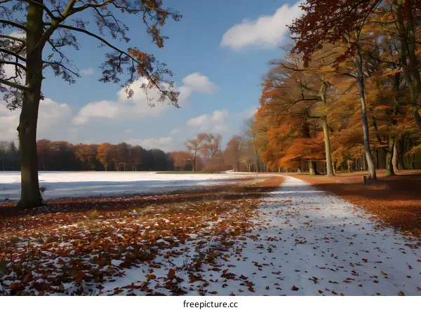 Snowy path through an autumn forest