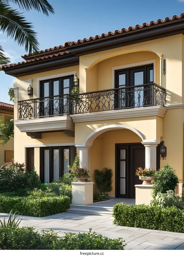 Yellow Spanish Style Villa House Exterior