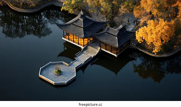 Autumn Scenery of Chinese Garden Pavilion by Water