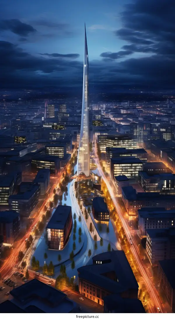 futuristic city illustration with a tall skyscraper