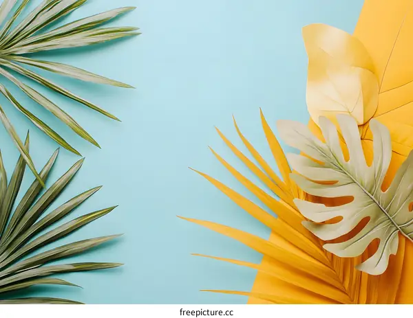 Tropical Leaves on Blue and Yellow Background