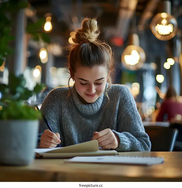 Young Woman Writing in Notebook at Cafe