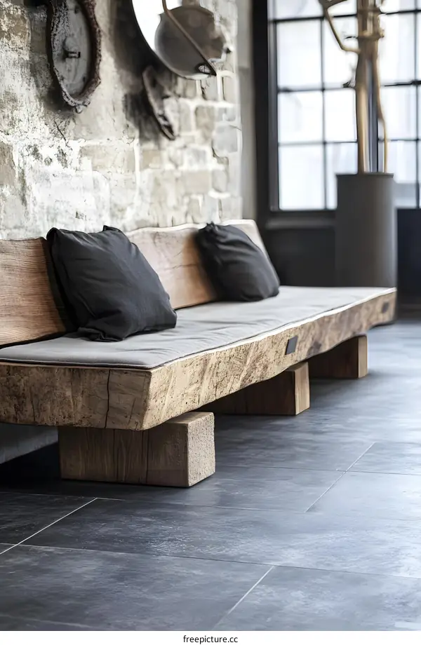 Rustic Wooden Bench With Grey Pillows