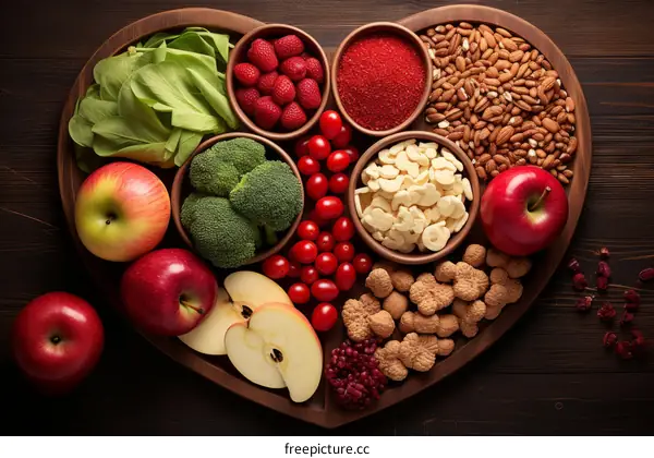 A variety of healthy food in a heart-shaped wooden bowl