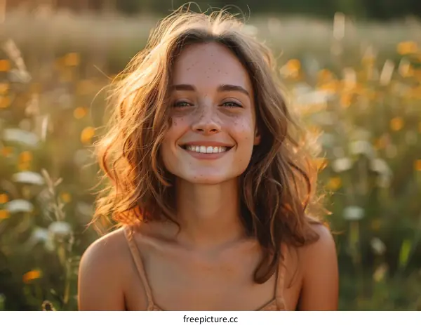 Smiling Woman with Freckles in a Field of Flowers