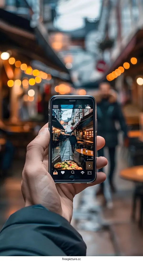 Hand Holding Phone Taking Photo of European Street