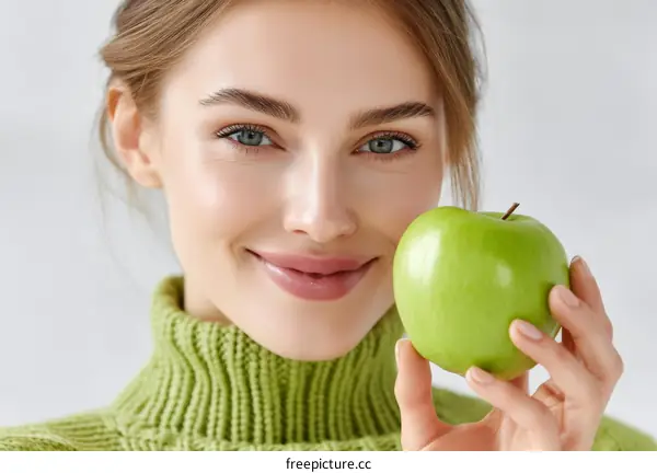Beautiful Woman Holding a Green Apple