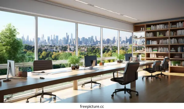 Modern office interior with large windows and city view
