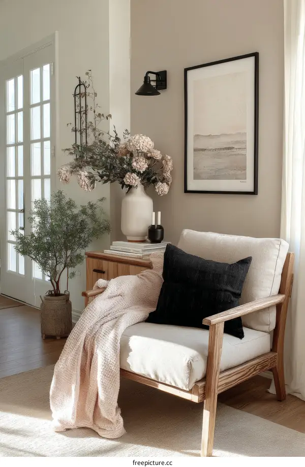 Cozy Corner with Modern Artwork and Soft Furnishings