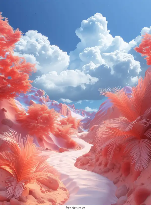 Pink Alien Landscape with Blue Sky and White Clouds