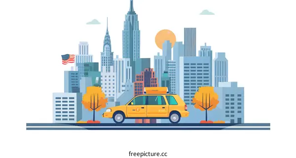 Yellow Taxi Cab in Front of New York City Skyline Illustration