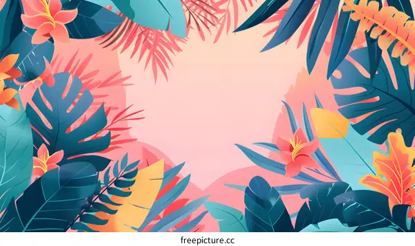 Tropical Leaves and Flowers on Pink Background Illustration