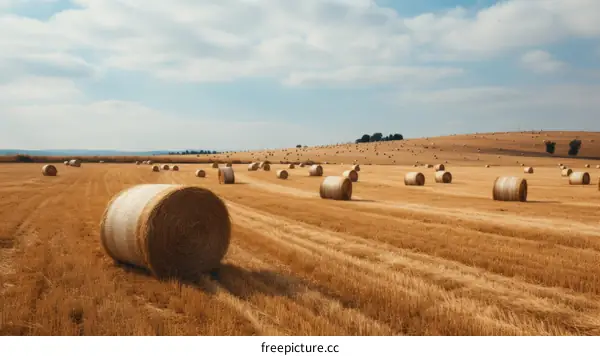 Field of hay rolls under blue sky with clouds